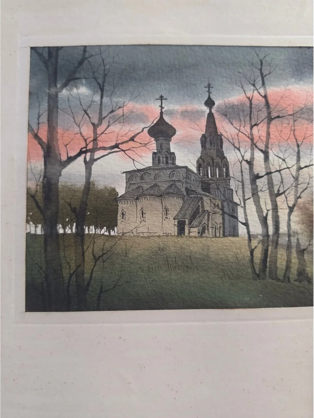 Vintage Signed Watercolor Church Landscape Framed Original Art